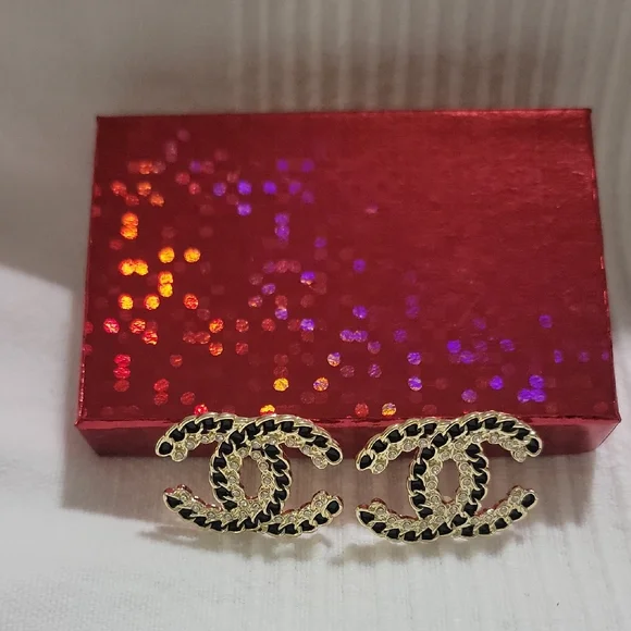 CHANEL 100% Auth Upcycled Gold Plated and Black Interlocking Earrings - Picture 1 of 6